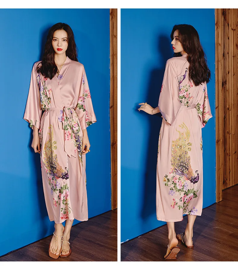 Атласная пижама, шелковый халат с принтом для женщин, весна-осень, большие  размеры, роскошная ночная рубашка с рукавом 7/4, крутая на ощупь, Халат |  AliExpress