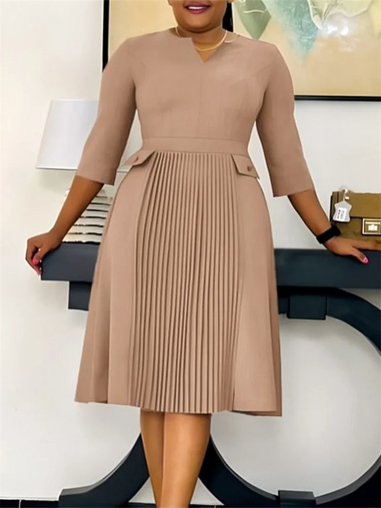 Wmstar Women Dresses Solid Color Fashionable Slim Fit Pleated Seven Quarter Sleeve V-neck Women's Dress Wholesale Dropshipping