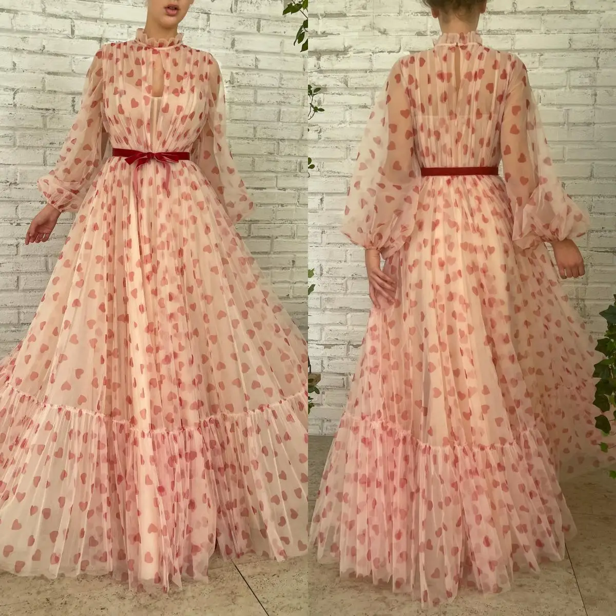 

14912#IENA 2023 Hearts Tulle A-Line Prom Dresses Long Sleeves Sheer Neckline Keyhole Bow Belt Maxi Prom Gowns Formal Party Gowns