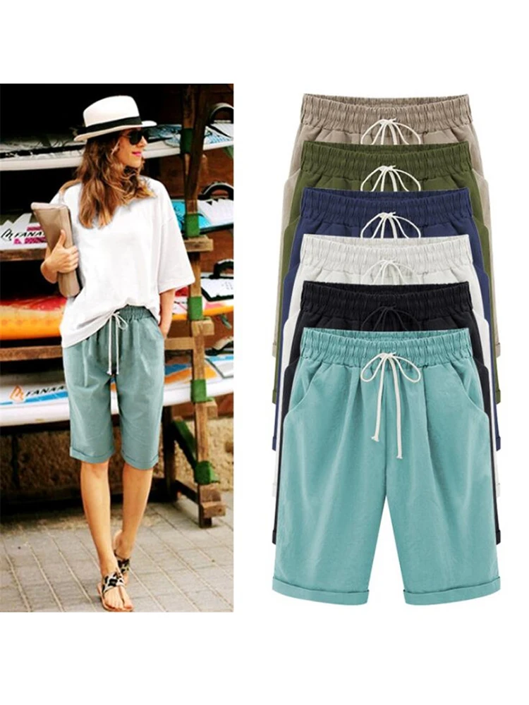 

CUHAKCI Summers Fashion Elastic Waist Loose Shorts Women Half Long Basic Candy Colors
