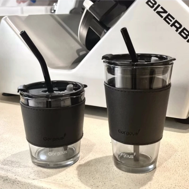 Creative Glass Coffee Cup With Lid Heat Resistant Tea Cups Mug With Straw 450Ml