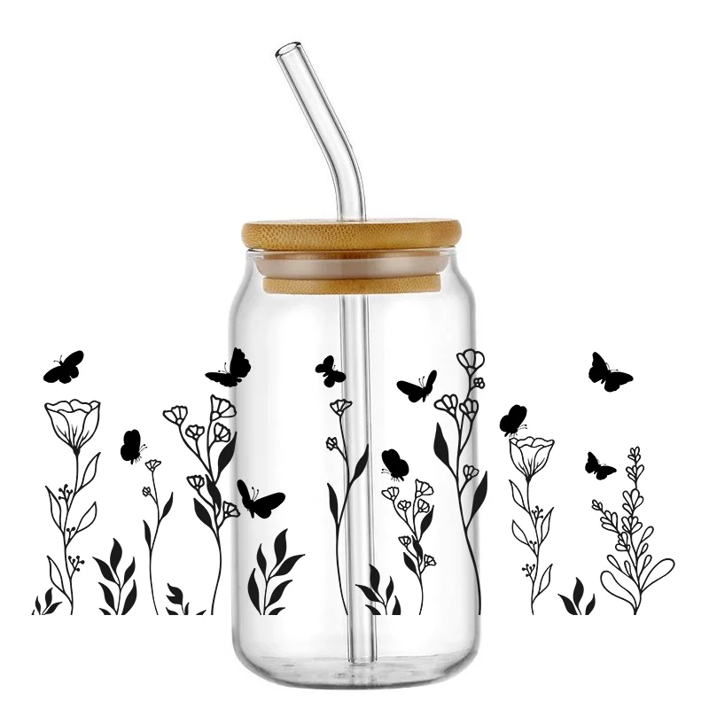 UV DTF Cup Wraps for 16 oz Butterfly Flowers Car UV DTF Decals Waterproof Floral Personalized Uv dtf Cup Wraps for Glass Cups
