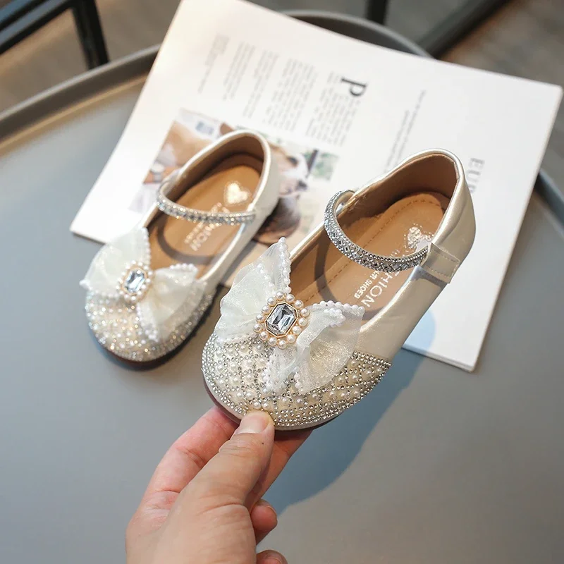 Kids Leather Shoe Spring Autumn Versatile Girl Princess Shoes Fashion Sweet Bowtie Children Causal Rhinestone Dance Flat Shoes