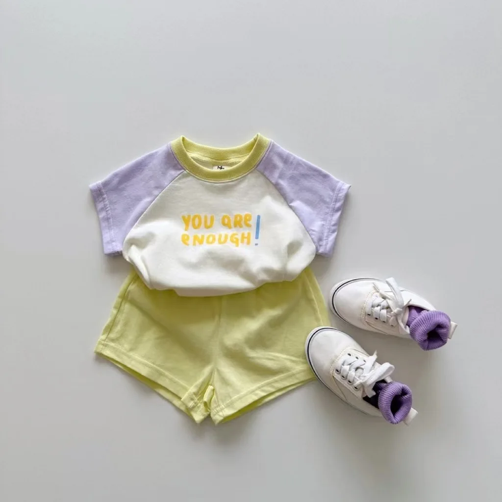 

Pure Cotton Baby Set Summer Stitch Color Baby Boys Clothes Block Three-color Kids Top and Shorts Round Collar Candy 2pcs Suit