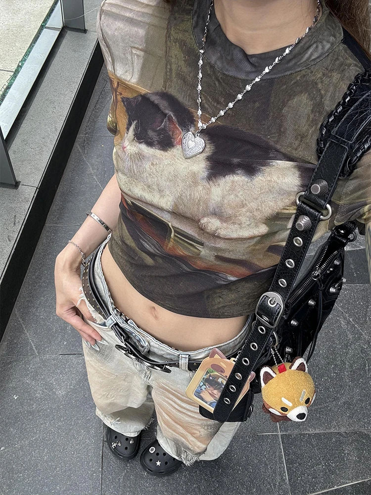 American Retro Hot Girl ort Sve T-irt Women's Summer New Sle ort Design  Print Street Sle Loose Fit Cotton Top