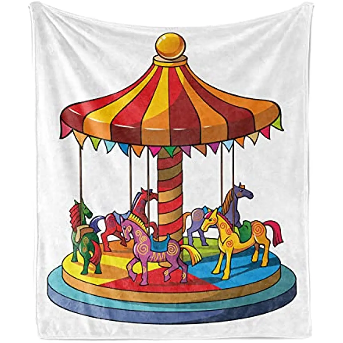 

Lunarable Cartoon Throw Blanket Carousel Horses Merry Go Round Amusement Park Roundabout Playground Print Piece Soft Couch Cover