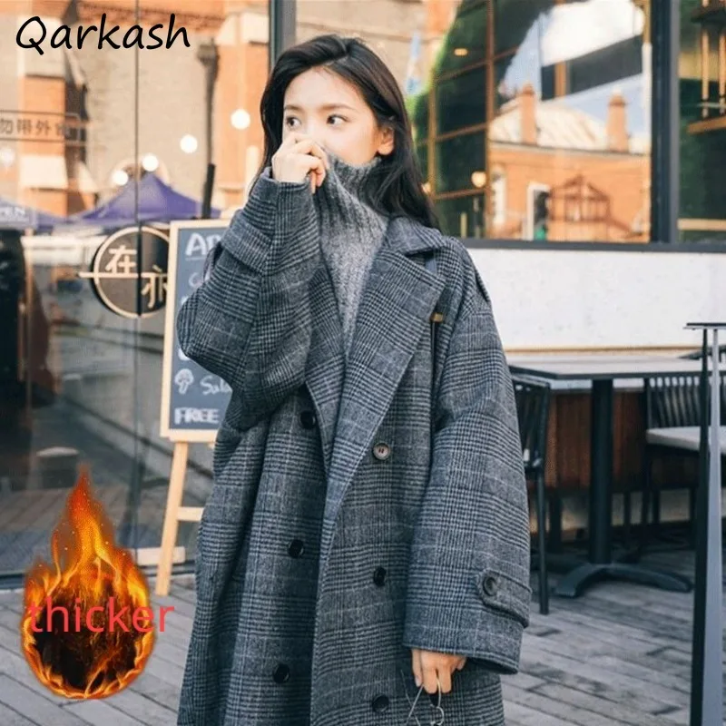 

Plaid Vintage French Style All-match High Waist Fashion Students Loose Hepburn Blends Women Long 2023 Autumn Warm Coats Chic New