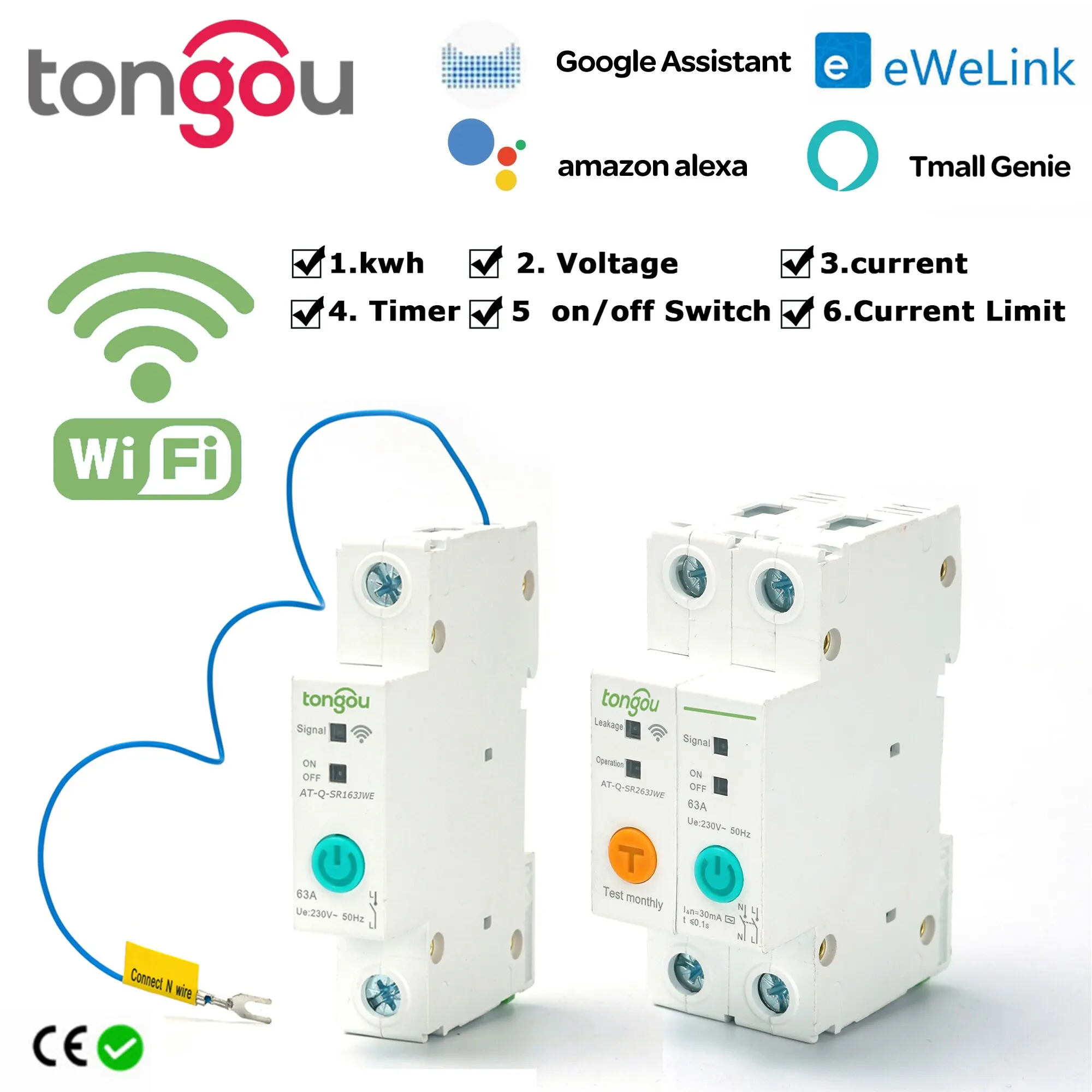 Ewelink With Metering WIFI Smart Circuit Breaker 1P 2P 63A DIN Rail for Smart Home Wireless Remote Control Switch by APP TONGOU