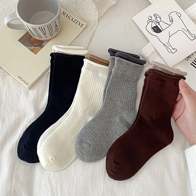 4 Paar Baumwoll-Kämmfarben, einfarbig, für Kinder und Mädchen, mittelhohe Socken, prägnant, trendig, lässig, gerollter Saum, bequeme, weiche Socken – Detail 7