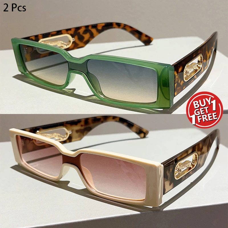 2-teilige Vintage-Sonnenbrille mit rechteckigen Damenmode, ausgehöhlte Beine, Farbverlaufs-Sonnenbrille, trendiges Markendesign, Bonbonfarben-Dekor-Sonnenbrille