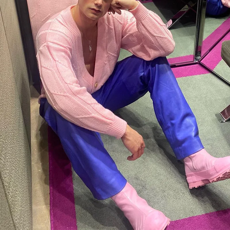 남성용 캐주얼 루즈 핑크 스웨터 가디건, 긴팔 코트, 캐주얼 트렌드, 패셔너블한 신상, 가을 및 겨울