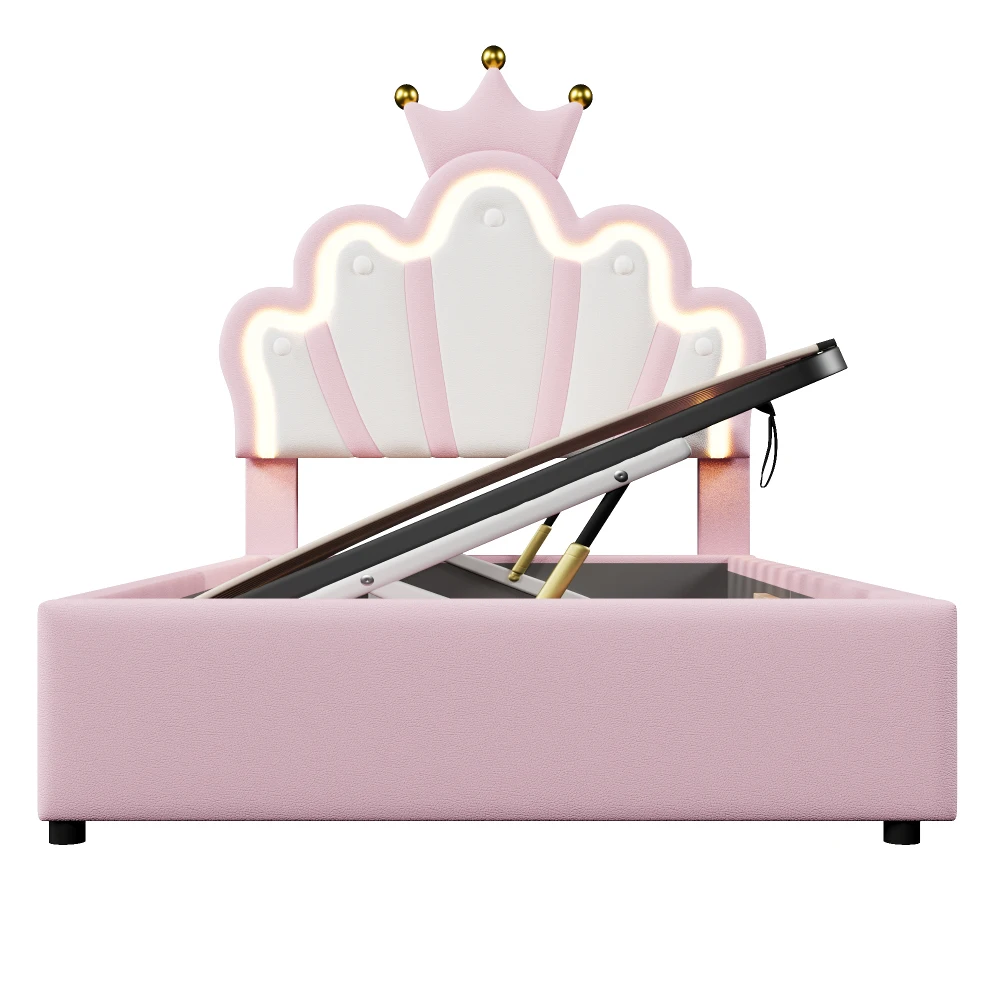 90 x 200 cm großes LED-Lichtband mit hydraulischem Hubmechanismus, kronenförmiges Prinzessinnenbett, verstellbarer Kopf PU (ohne Matratze) – Detail 18