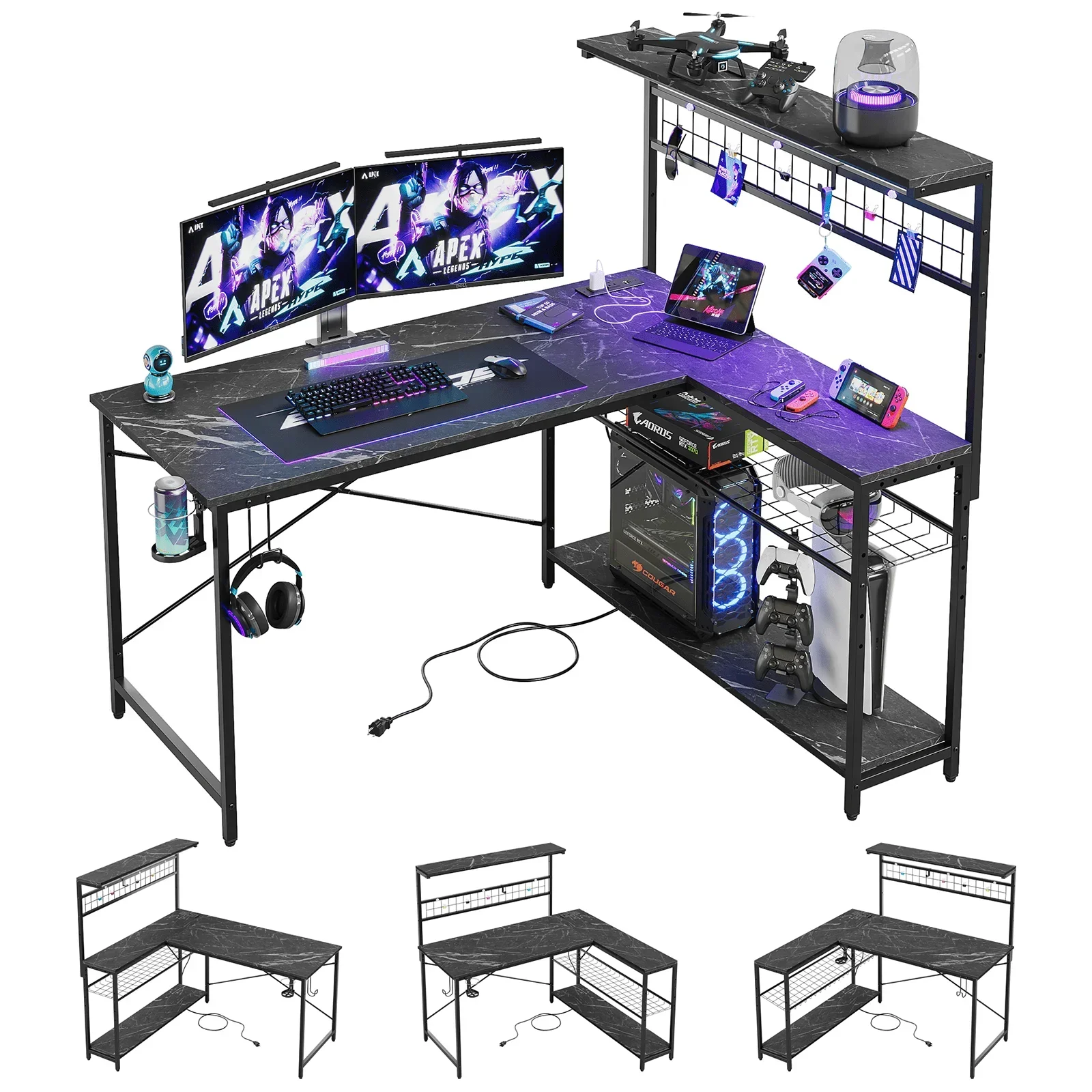 L-Shaped Reversible Gaming Desk with Power Outlet and 4 Tiers Shelves, Black Marble 3