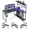 L-Shaped Reversible Gaming Desk with Power Outlet and 4 Tiers Shelves, Black Marble 3