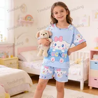 Pyjamas d'été pour filles de 3 à 12 ans, ensembles de pyjamas pour enfants, hauts + pantalons courts, vêtements de nuit Hello Kitty Cat Kuromi 6