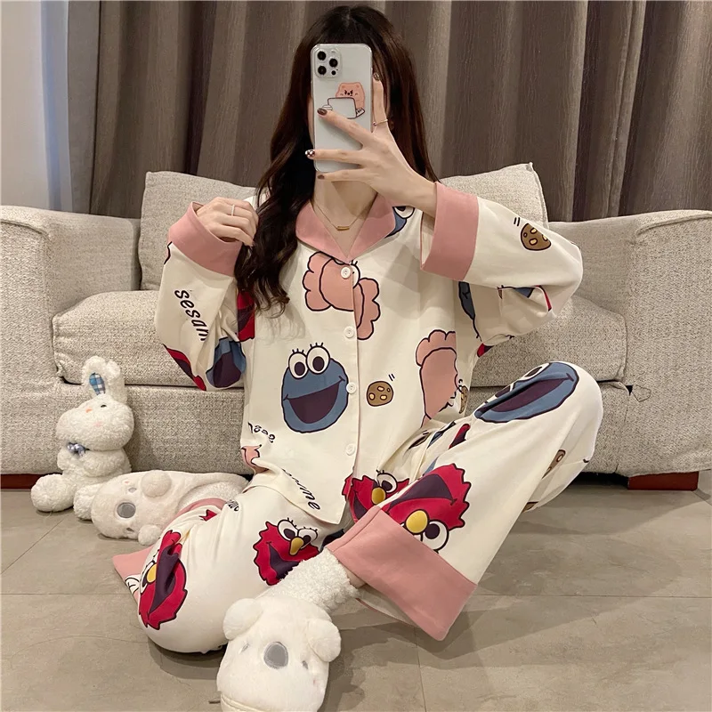 Long Sleeved Women Pijama Cartoon 2022 New Spring Pajamas Anime Home Clothes V Neck Girls Sleepwear Thin Fashion Pyjama 2 Pcs