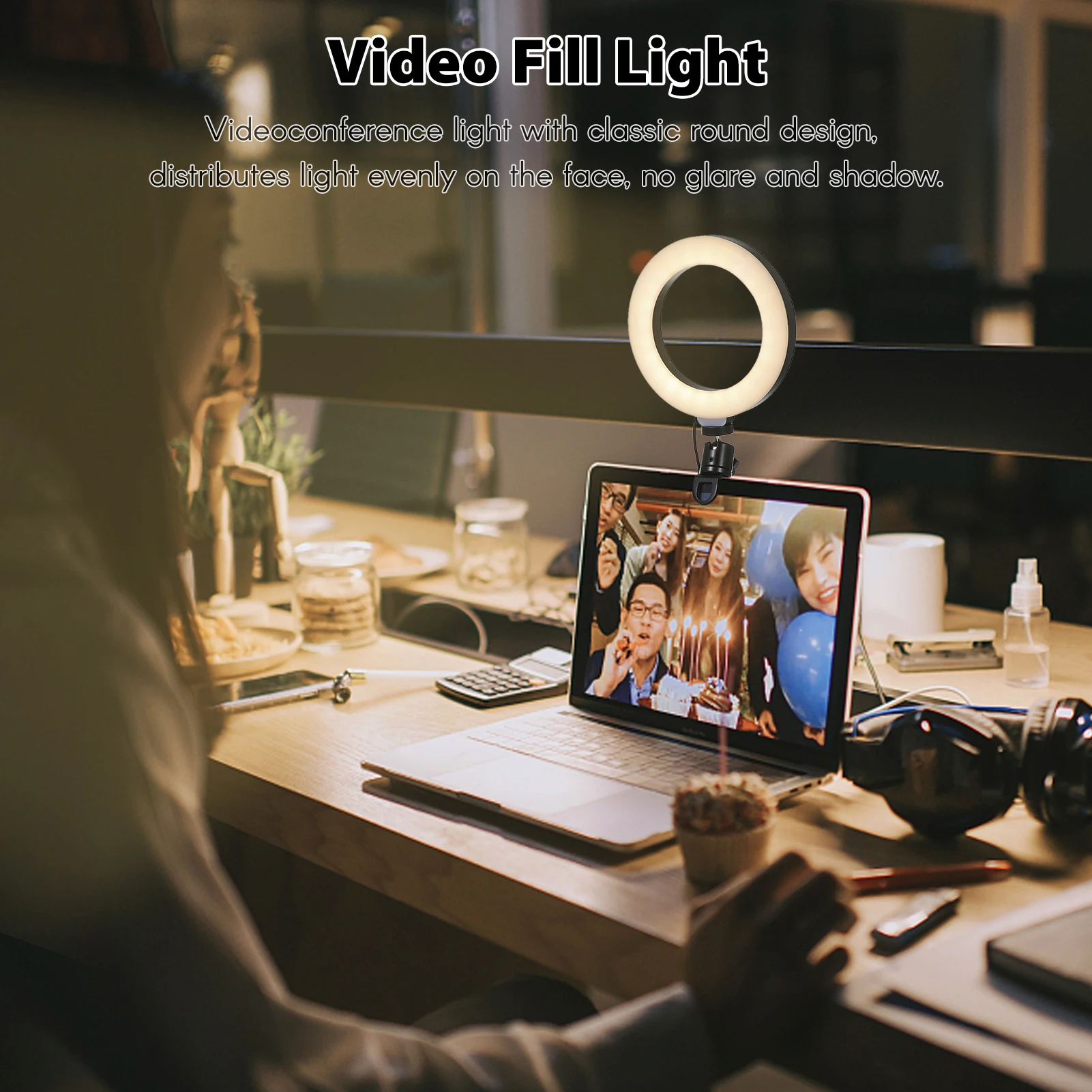 Dimmable 6'' Round Light for Laptop Computer Clip Video Fill Light Conference Ring Beauty Live for Makeup Selfie USB