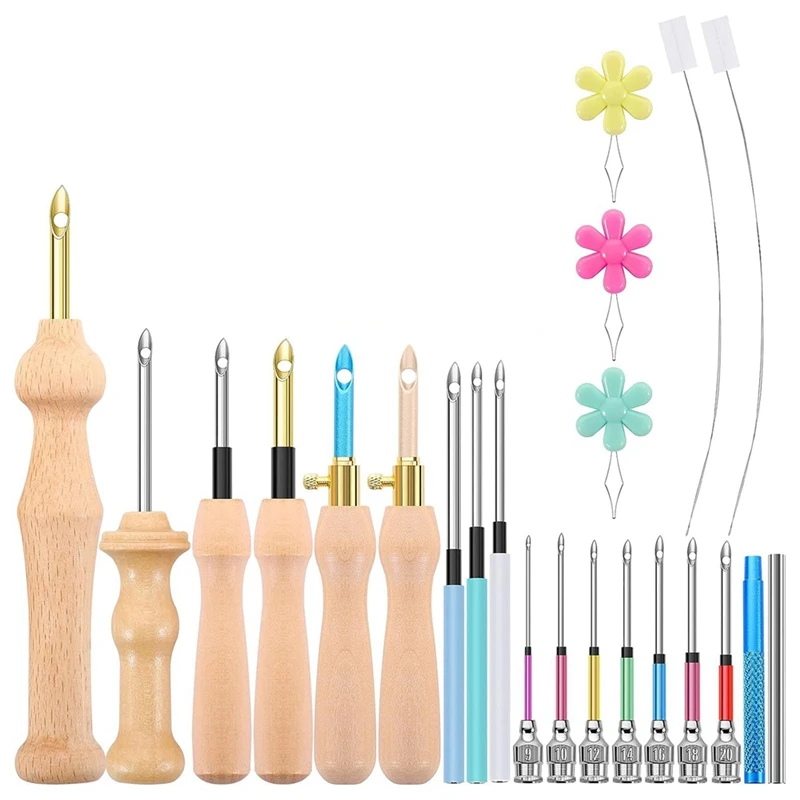 23Pcs Punch Needle Kit Wooden Punch Needle Set Adjustable Adults Beginner Embroidery Easy To Use