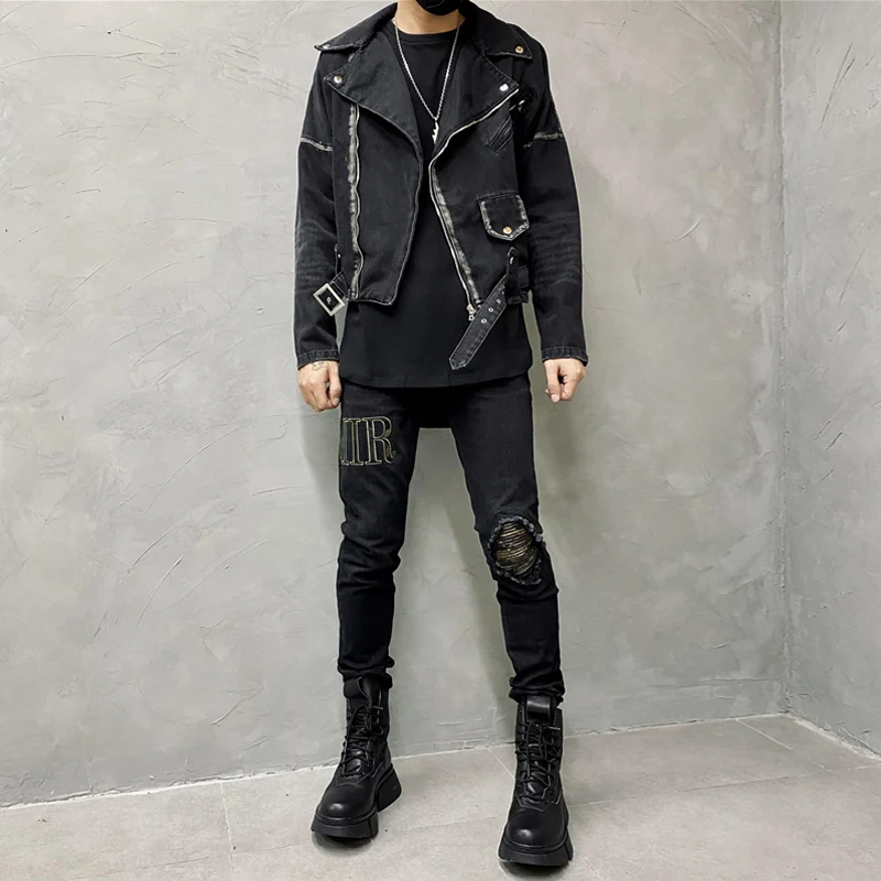 Leather Denim Jacket Chain & 3D Pocket - Luxury Black