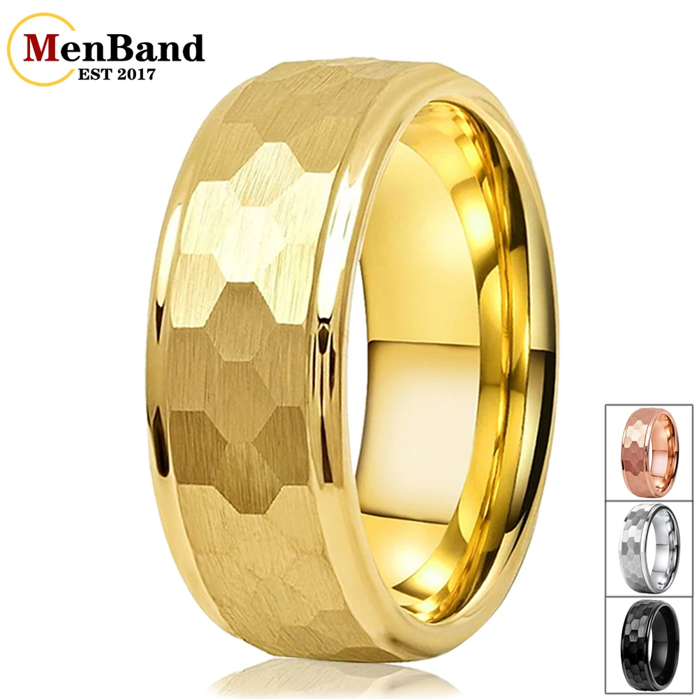 

MenBand 6MM 8MM Men Women Gold Color Tungsten Carbide Wedding Ring Stepped Edges Multifaced Hammered Brushed Finish Comfort Fit