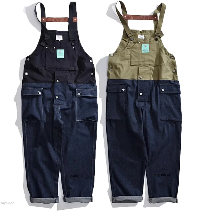 

Denim Bib Overall For Men Two Tones Patchwork Strap Pants Hip Hop Street Wear Multi Pocket Cargo Pants Jeans Suspender Dungarees