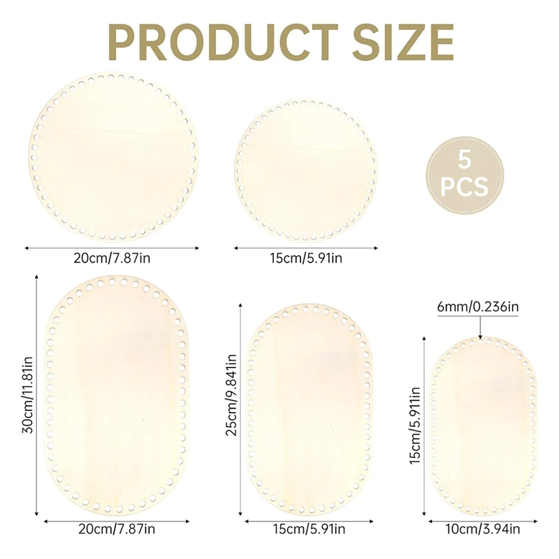 5PCS Wooden Basket Bottom, 5 Size Oval Circle Blank Solid Crochet Basket Wood Base For DIY Craft Weaving Supplies