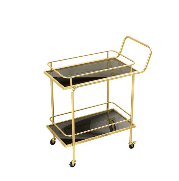 Hotel Gold Iron Portable Utility Movable 2 Tier Trolley Rolling Cart Bar Cart Rack Storage