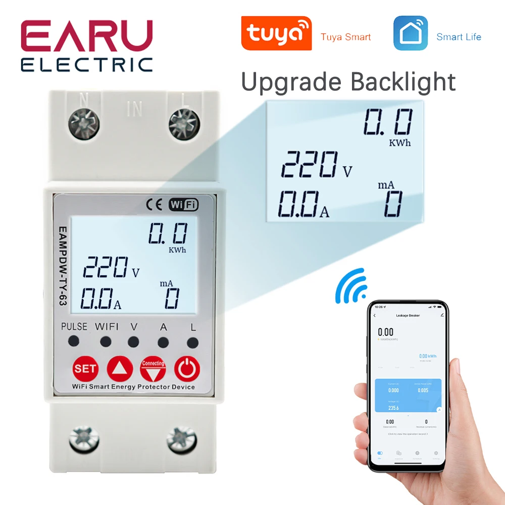 2P 63A TUYA APP WiFi Smart Circuit Earth Leakage Over Under Voltage Protector Relay Device Switch Breaker Energy Power kWh Meter power meter energy meter smart circuit breaker smart switch breaker smart switch