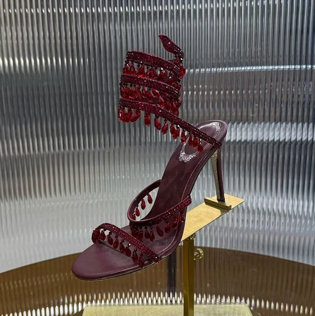 Chaussures habillées cheville en forme de serpent sangle enchevêtrement sandales été femmes mince talons hauts glands strass décor Sandalias 1