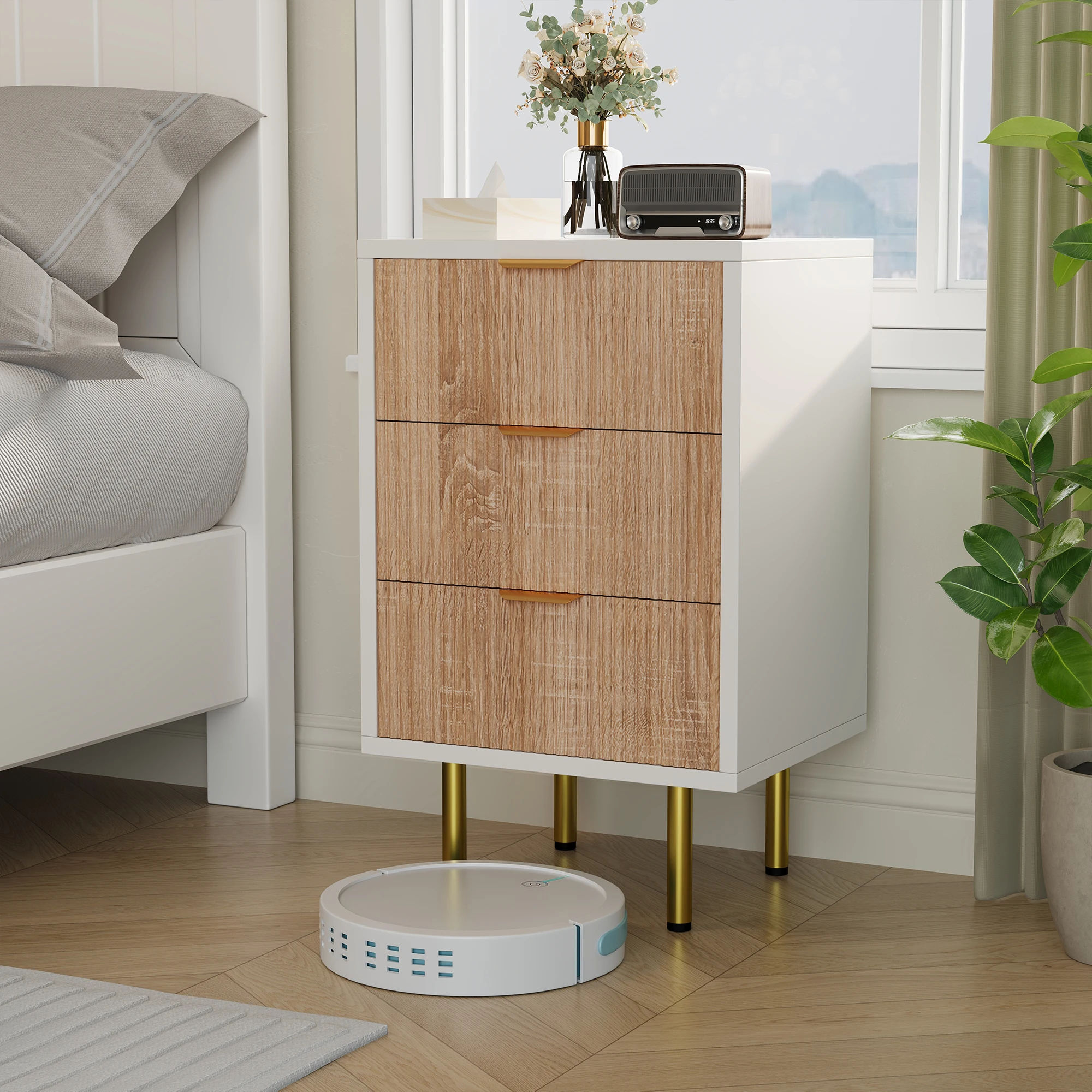 Comanlai Kommode, Aufbewahrungsschrank mit 6 Schubladen, strukturierte Holzmaserung mit goldenen Griffen, goldene Beine für Schlafzimmer und Wohnzimmer – Detail 8