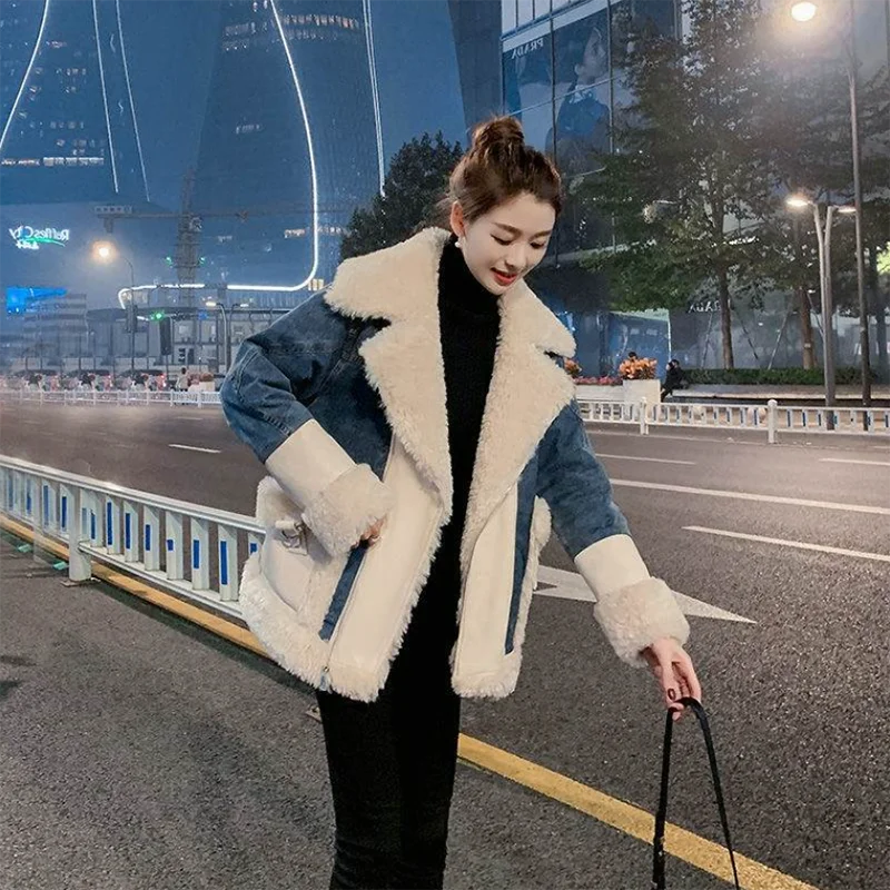 

Autumn Winter 2024 New Lambswool Stitching Jeans Jackets Women's Overcoat Elegant Long Loose Cashmere Warm Parka Denim Jacket