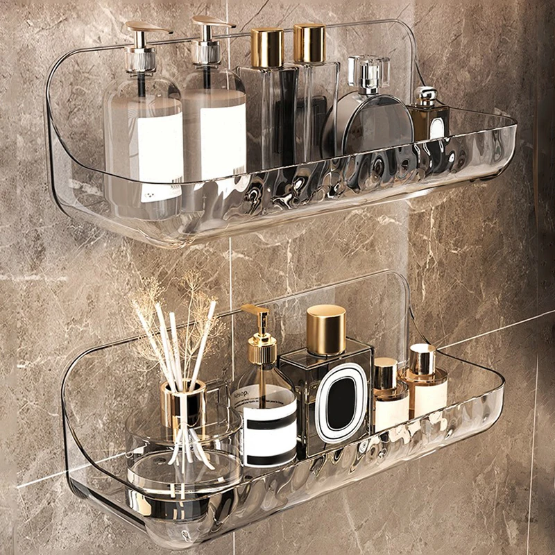 Bathroom Storage Rack Acrylic Transparent Storage Rack Bathroom Wall Mounted Punch Free Cosmetic Storage Tray Makeup Organizer Bathroom Kitchen Shelf
