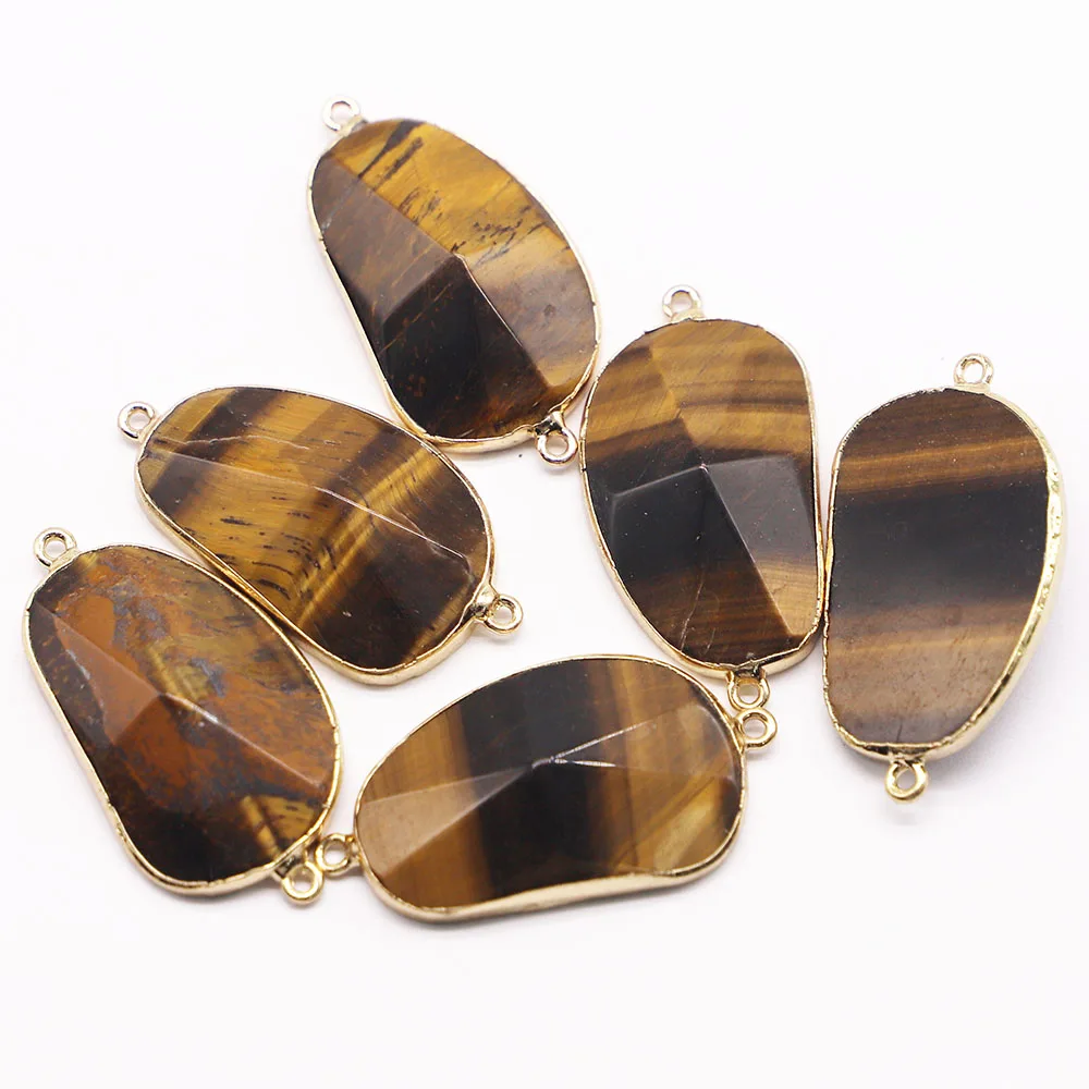 30*24MM Natural Tiger Eye Stone Charms Connector Pendant Double Hole 6pcs for DIY Women Men Jewelry Bracelet Making Wholesale
