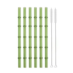 Reusable Bamboo - Style Glass Straw Set with Cleaning Brush and Pouch - Eco - Friendly Drinkware Accessories (6Pcs Straight)
