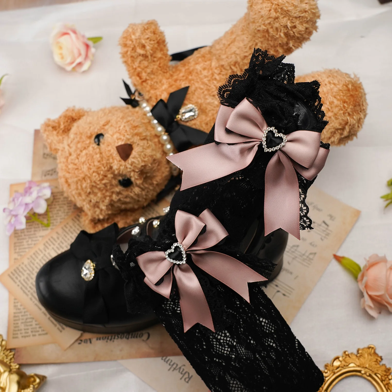 Japanese Sweet Bow Black White Lace Tube Socks Mid-Calf Socks Lolita Sweet Cute Style Lace Thigh High Socks Girl Female
