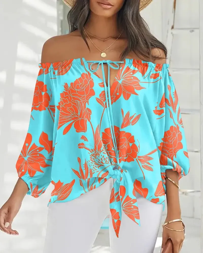 

Women's T-Shirts Floral Printed Long Sleeve Girl One-line Shoulder Tops Summer Casual Off Shoulder Tshirt Female Beach Tee Tops