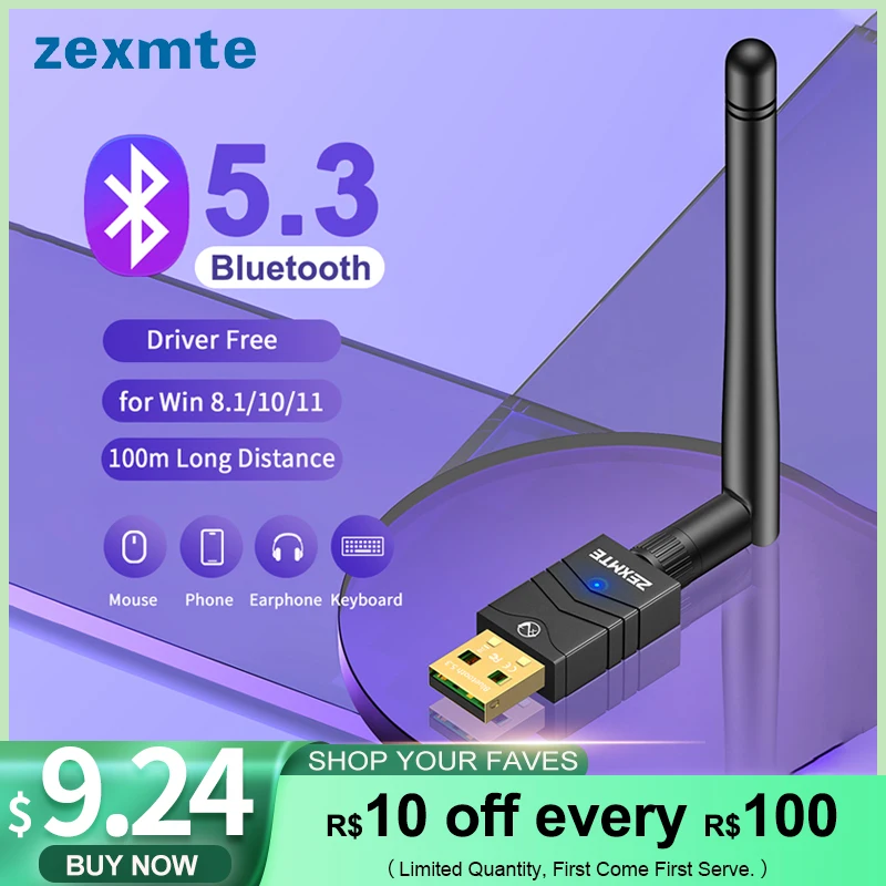 Zexmte 100m Bluetooth 5.3 Adaptateur Pilote Libre Usb Dongle Bluetooth