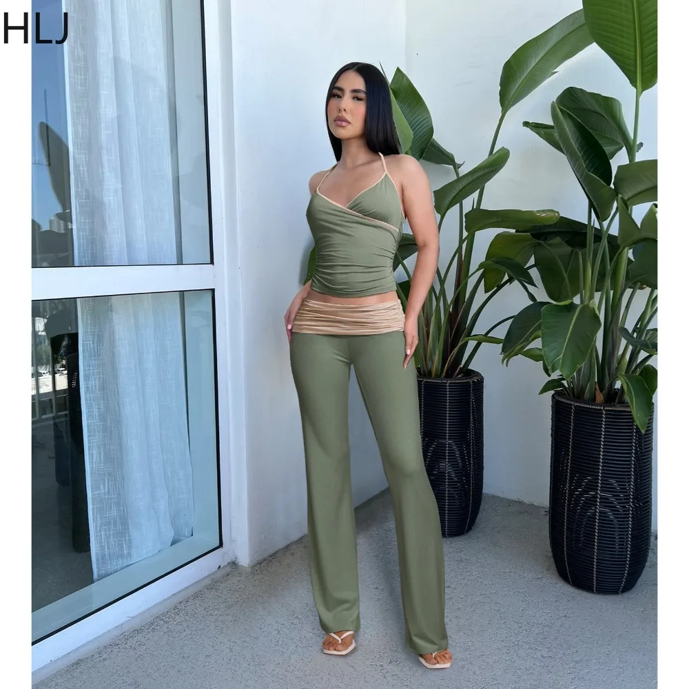 HLJ Fashion Y2K Style Ruched Splicing Two Piece Sets Women Deep V Halter Crop Top And Pants Outfits Female Solid 2pcs Clothing