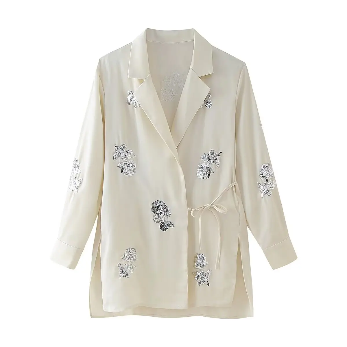 thumbnail image 1 of HH TRAF Chaqueta de traje con solapa texturizada de satén de seda con cordones y lentejuelas a la moda para mujer Blusa elegante de manga larga con abertura en el dobladillo formal para mujer, 1 of 5
