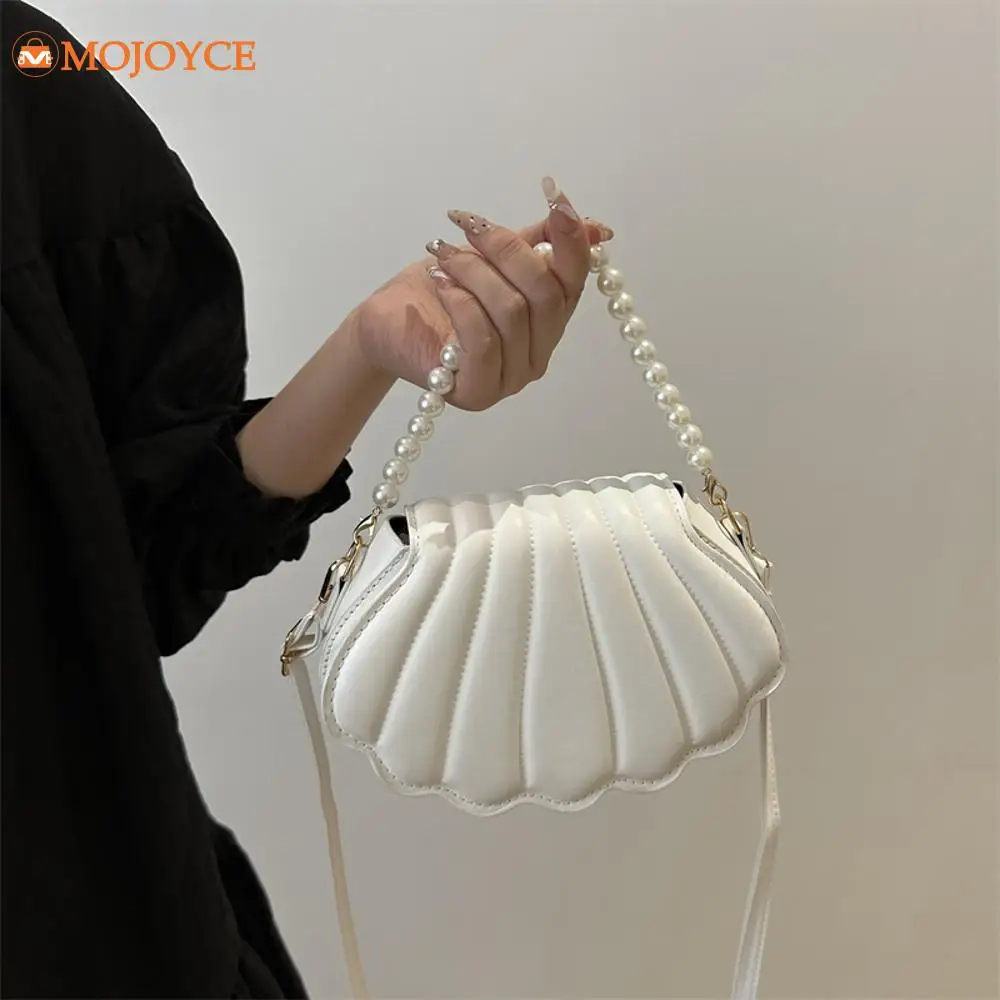 French Pearl Chain Handbag Women Seashell Fashion Shoulder Bag PU Leather Clutch Purse Novelty Solid Chic Hobo Bag Small Satchel women handbags leather shoulder bag