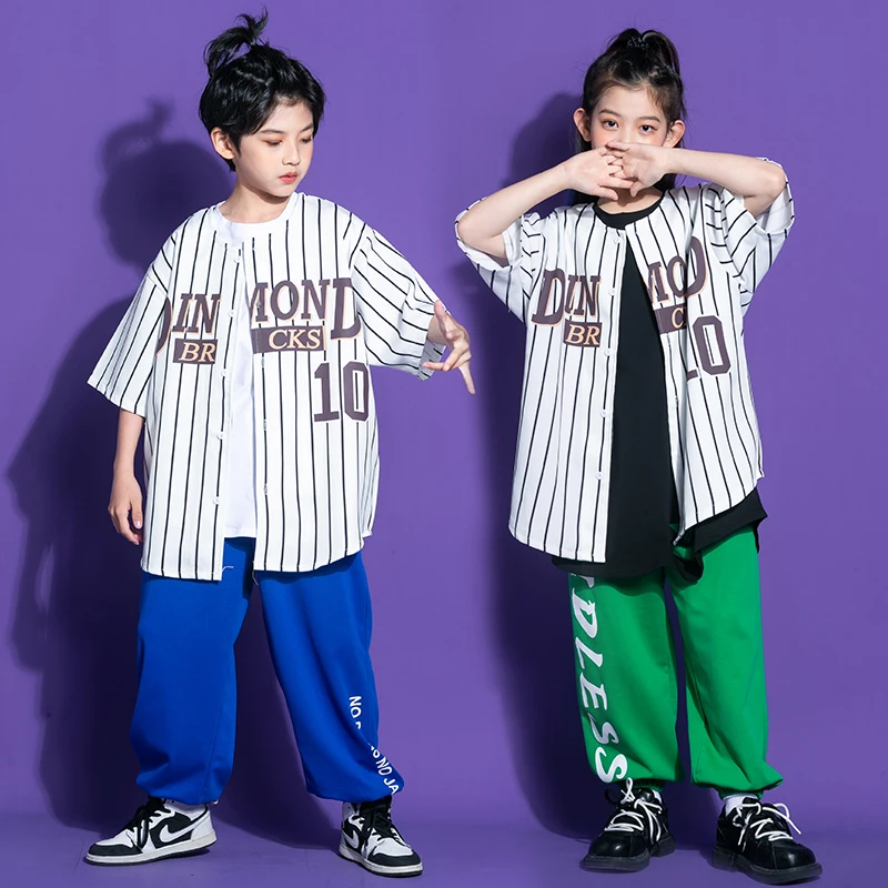 

Kid Hip Hop Clothing Stripe Baseball Jersey Cardigan Shirt Top Streetwear Denim Jeans Pants for Girl Boy Dance Costume Clothes