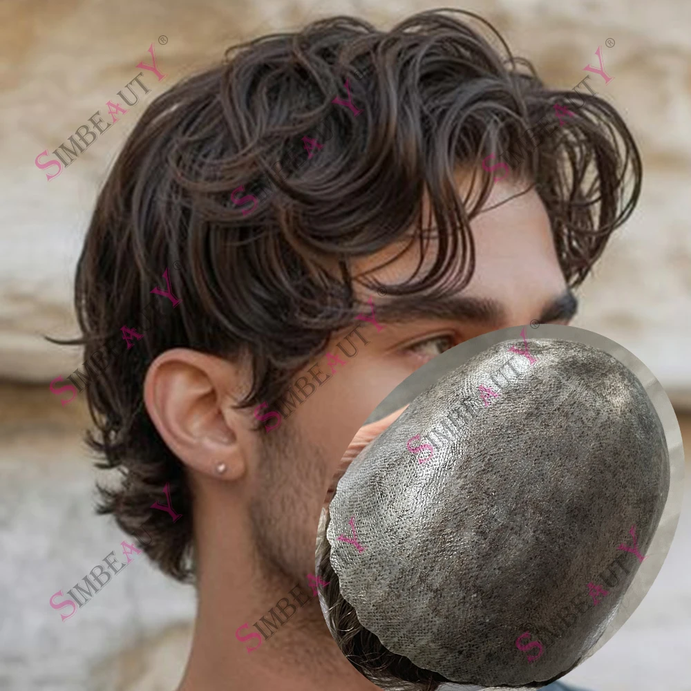 30MM Wavy Human Hair Men's Toupee Natural Hairline Durable 0.1mm PU Base Micro Skin Male Wigs Replacement Prosthesis Capillary