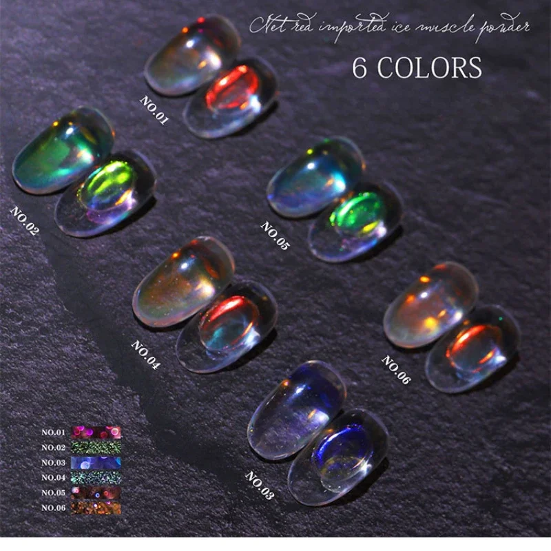 6Pcs Aurora Chrome Nail Powder 0.2g Ice Transparent Mermaid Nail Glitter Shiny Pearl Rainbow Pigment Art Decoration nail powder nail glitter nail pigment nail decoration nail decorations nail powder set