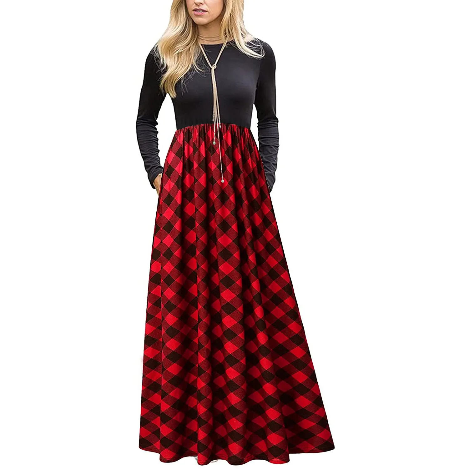 

Fashion Vintage Plaid Print A-line Party Dress Women Spring Summer O-neck Long Sleeve Maxi Dresses Pocket Vestidos