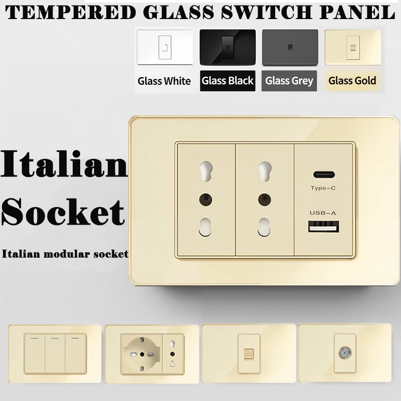 118 Series Italy Switch Wall Sockets USB Type-C Chile Plug 16A Golden Tempered Glass Panel with Smart USB Fast Charging for Home 1