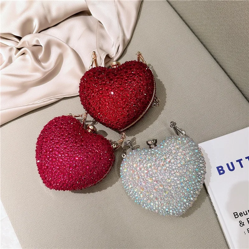 Diamond Inlay Heart Shape Crystal Clutch Purse Stones Evening Wedding Party Shoulder Bags Handle Rhinestone Mini Handbags