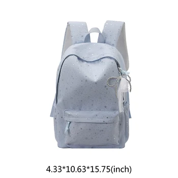 Women Star Canvas Backpack Multi-Pockets Bookbag Large-capacity Daypack with Bowknot Pendant for Middle And High School Students 1