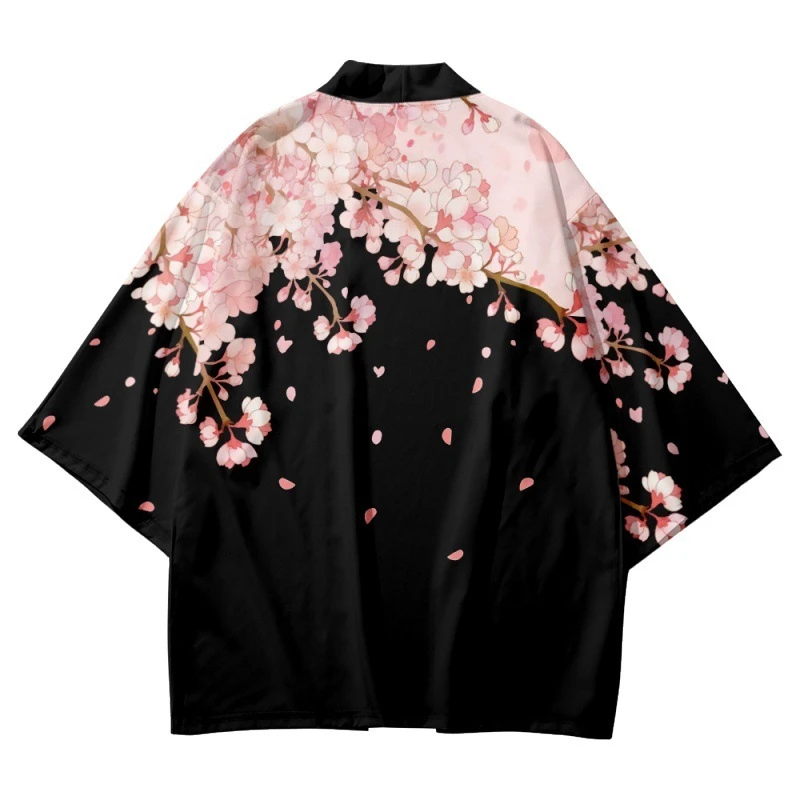 Kimono Cardigan with Pink Flower Print Tops Women Men Asian Clothing 4XL