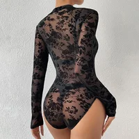 Sexy Women's Black Floral Flocking Sheer Mesh Mock Neck Long Sleeve Bodysuit - Image 4