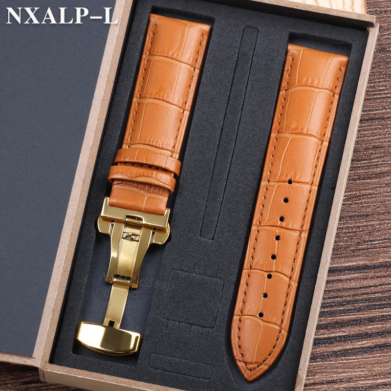 Luxurious Genuine Leather Watch Strap with Elegant Butterfly Clasp and Wooden Gift Box
